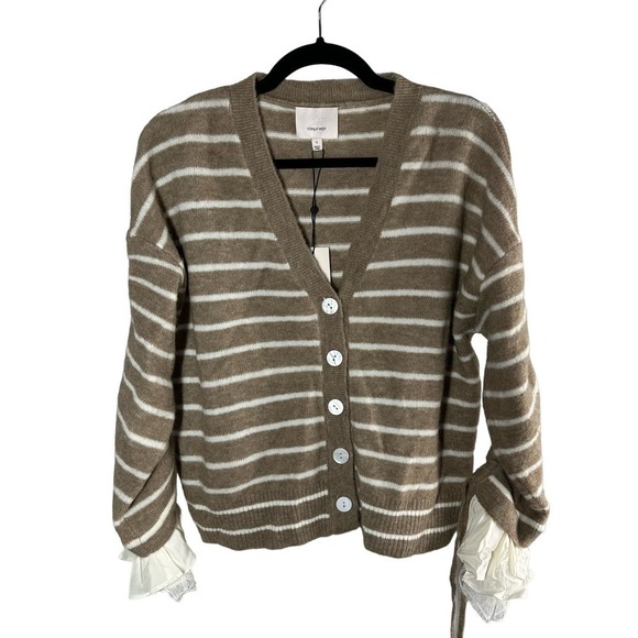 CINQ À SEPT Atlas Striped Wool Blend Cardigan Size Small Dark Oatmeal - Picture 11 of 12